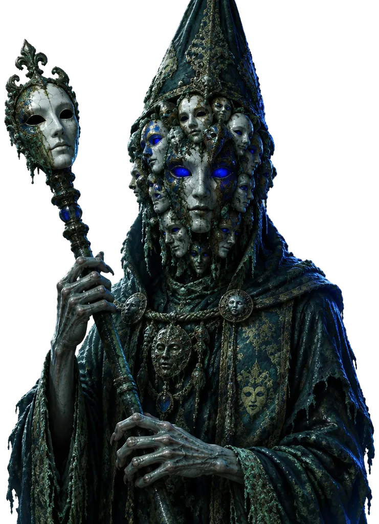 The Doge of Masks dari dekat: wajahnya tumpukan puluhan topeng karnaval yang menyatu, mata kobalt menyala, topi doge runcing, tongkat bertopeng putih.