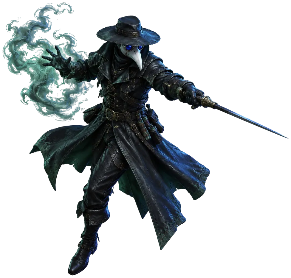 Plague Doctor menyerang dengan pedang tongkat, tangan kirinya melepas asap wabah hijau.