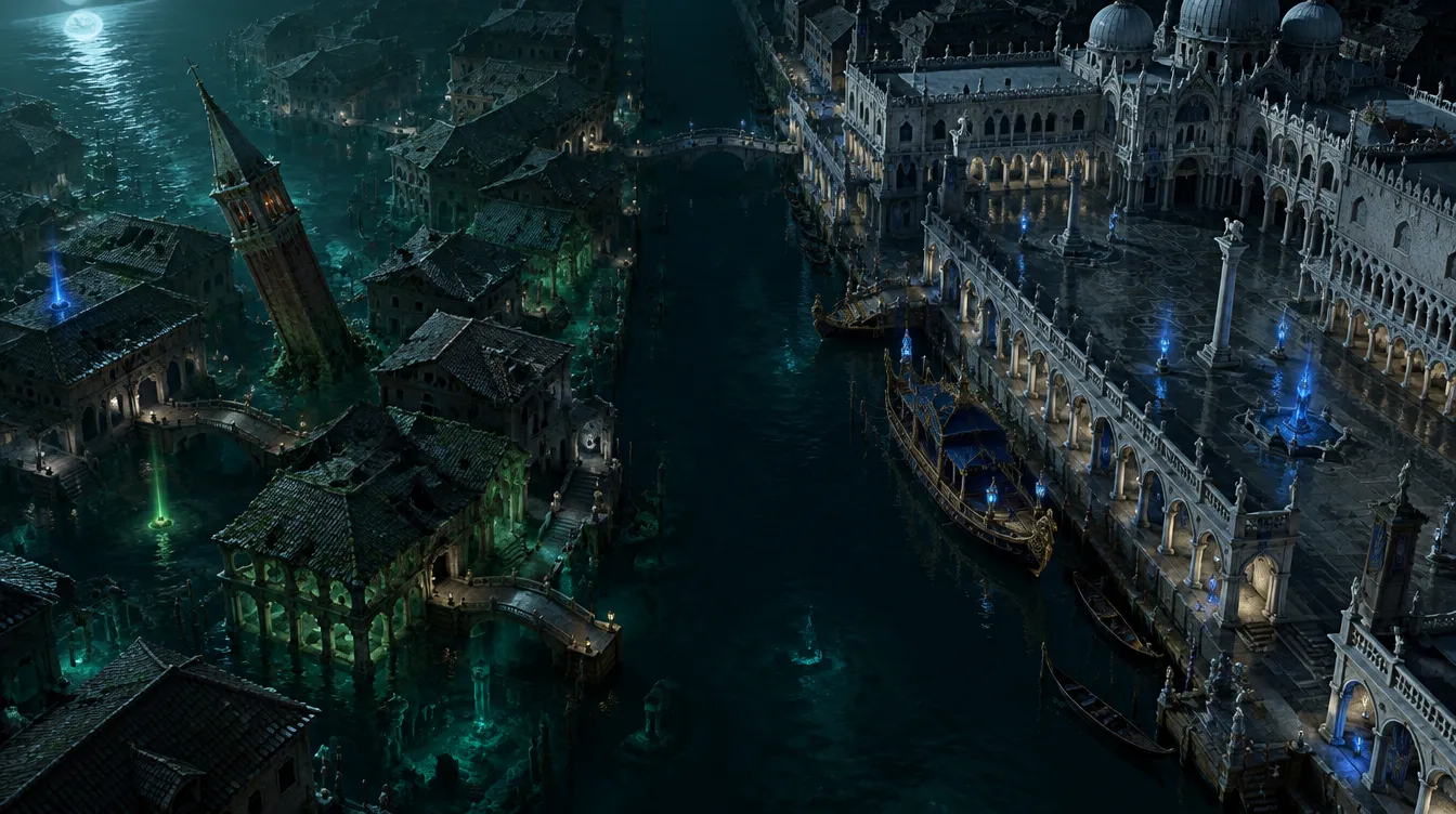 Drowned Quarter dari atas: atap rumah nyaris sejajar air dan menara lonceng yang miring.